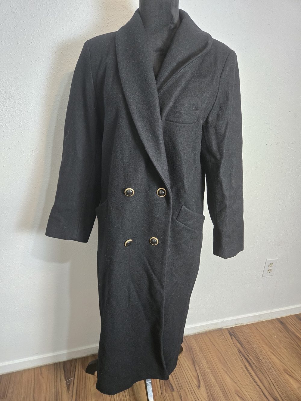 Women's Black Double-Breasted Trench Coat with Shawl Collar Wool